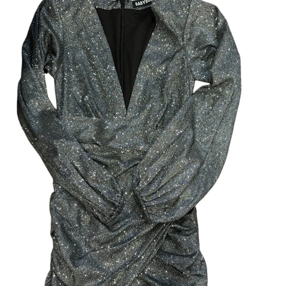 Babyboo Estelle Black Sparkly Mini Dress Long Bishop Sleeves Size Extra Small - Picture 2 of 11